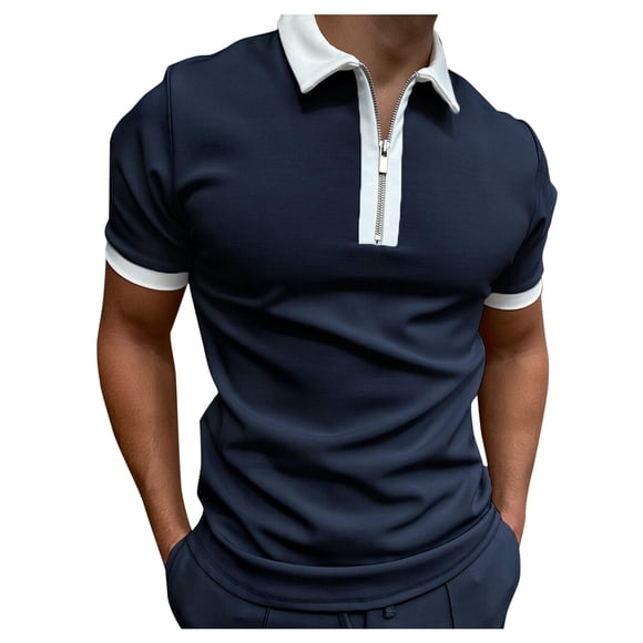 Outfmvch polo shirts for men Shirt Sleeve Turn Down Zipper Collar Splice Solid Polos Casual womens tops Dark blue