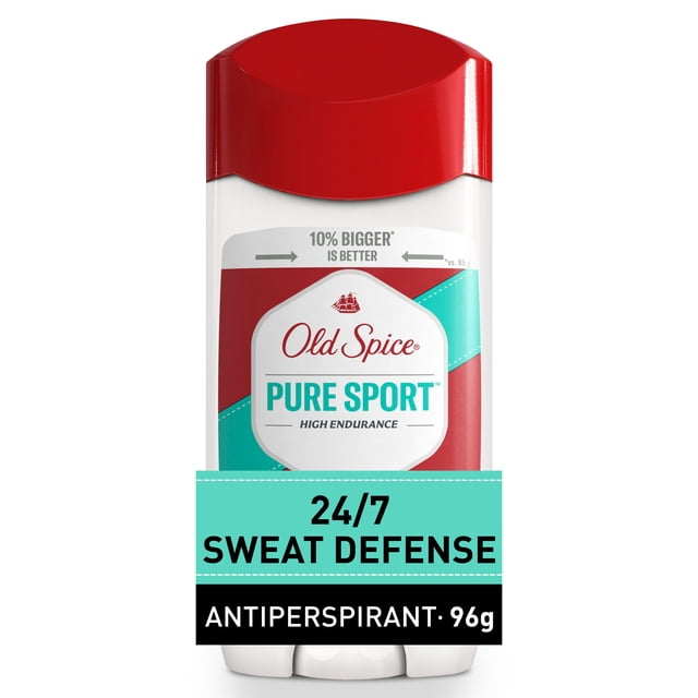 Old Spice High Endurance Anti-Perspirant Deodorant for Men Pure Sport Scent in a white stick with red cap and teal label, providing 24/7 sweat defense and 96g of invisible solid formula for long-lasting odor and sweat protection.