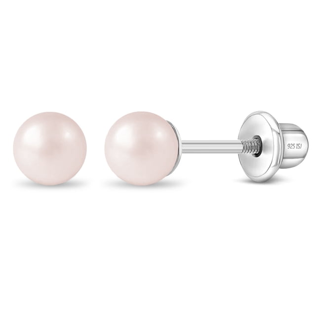 Boucles d'Oreilles Classiques en Argent Sterling 925 4 mm Roses avec Perles Simulées pour Tout-Petits, Bébés Filles
