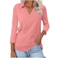thumbnail image 1 of Hot6sl Économies d'Été Liquidation Blouse & Chemise à Manches Courtes Col Rabattu, T-shirt Assorti pour Femmes Col en V Col Rabattu Manches 3/4, Haut en polyester pour Femmes/rose Vif, 2TG, 1 of 7