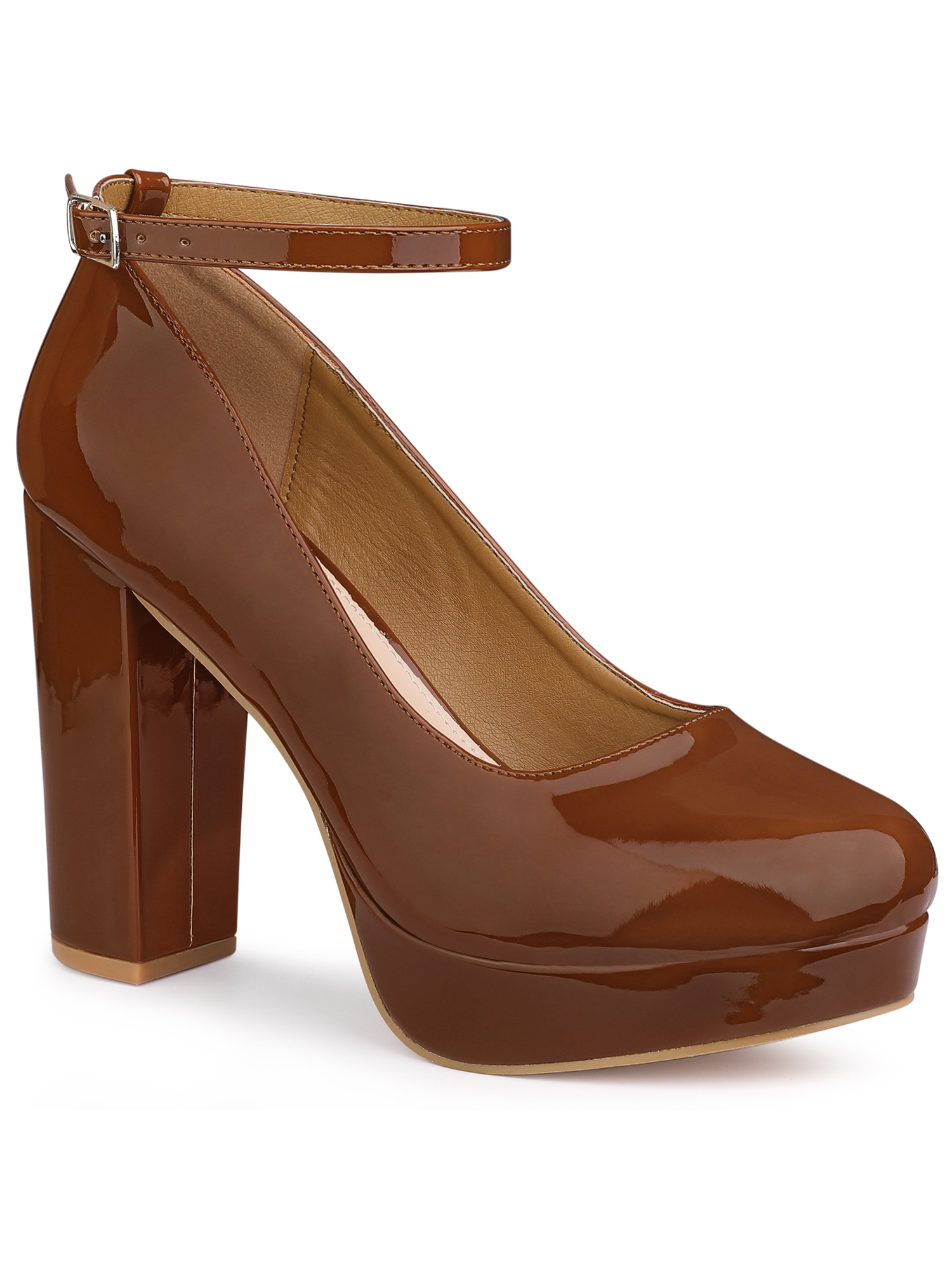 BLISSFUL STEP Women's Block Heel Pumps Platform Ankle Strap Round Toe Heel Brown 10