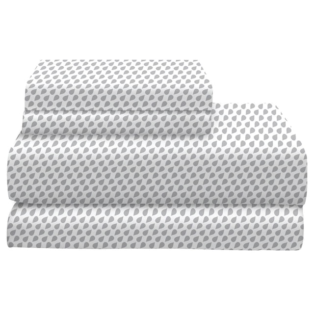 Johnson Home 200 TC Bed Sheet Set with printed cotton sheets featuring a grey teardrop pattern on white, folded and stacked to display breathable, moisture-wicking fabric designed for year-round comfort and stylish bedroom decor.