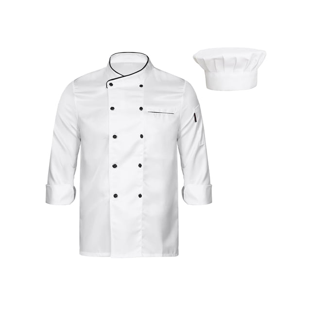 dPois Men Personalized Chef Coat With Hat Unisex Chef Jacket Kitchen Work Uniform Hotel Restaurant Workwear White02 XXL