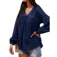 thumbnail image 3 of Women Crochet Elastic Cuff V Neck Long Sleeve Plain Top, 3 of 4
