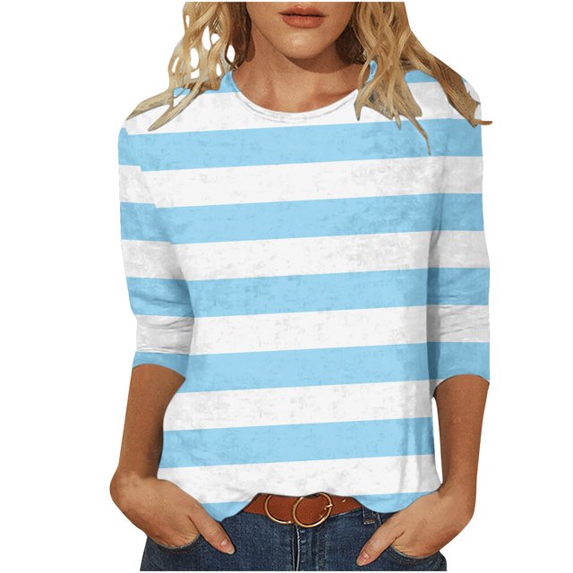 Meichang T-Shirts à Manches 3/4 Grande Taille pour Femmes, Décontractés, à Imprimé Rayé, Col Ras du Cou, Hauts Légers, Doux et Extensibles, Manches Trois Quarts, Chemise, P-4TG