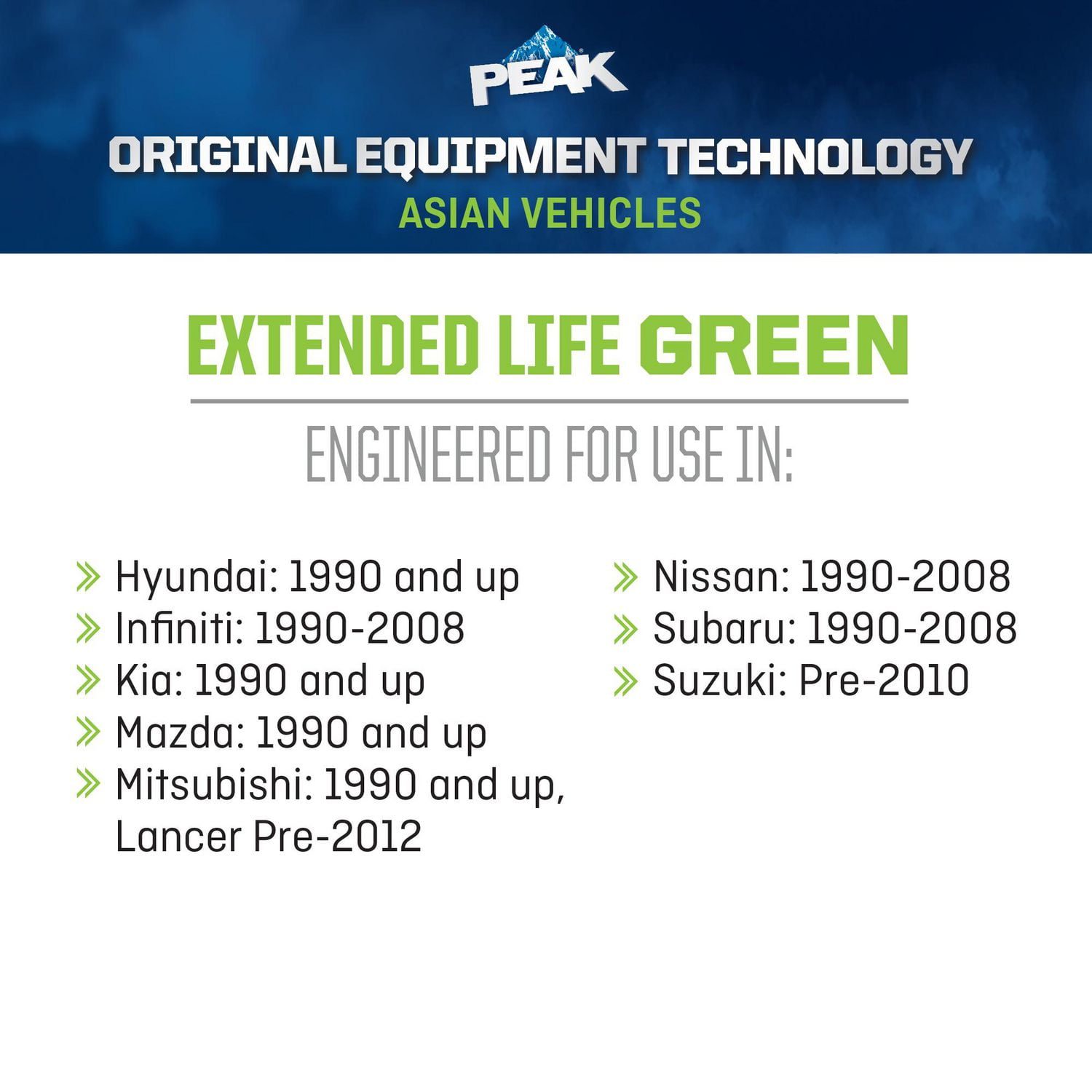 PEAK® OET Extended Life Green 50/50 Pre-Diluted  Antifreeze/Coolant for Asian Vehicles, 3.78 Liters