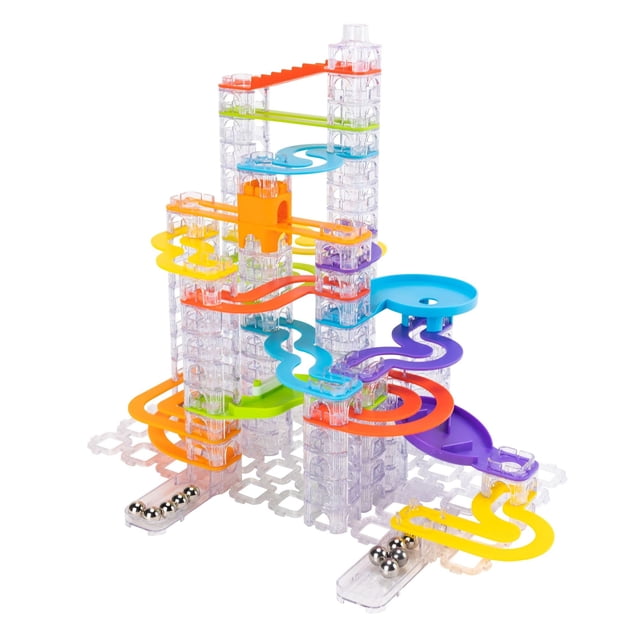 Fat Brain Toys Trestle Tracks Deluxe Set, a 124-piece modular marble run and building play set featuring colorful hollow stacking cubes, flat tracks, and stainless steel marbles. Includes 2 catchers, 2 toppers, 90 risers, 18 unique tracks, and 2 base grids. Designed for ages 8+, promoting spatial reasoning and engineering skills.