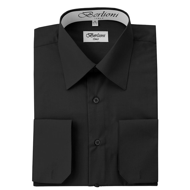 BERLIONI MEN'S CONVERTIBLE CUFF SOLID DRESS SHIRT-BLACK-4XL sleeve 36/37