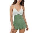 thumbnail image 1 of Amzcrzy Maillots de Bain pour Femmes avec Soutien-Gorge Intégré Mode Rayé à Blocs de Couleur une Pièce Maillot de Bain Col en V Bretelles Ajustables Robe de Bain Plissée avec Shorts S, 1 of 7