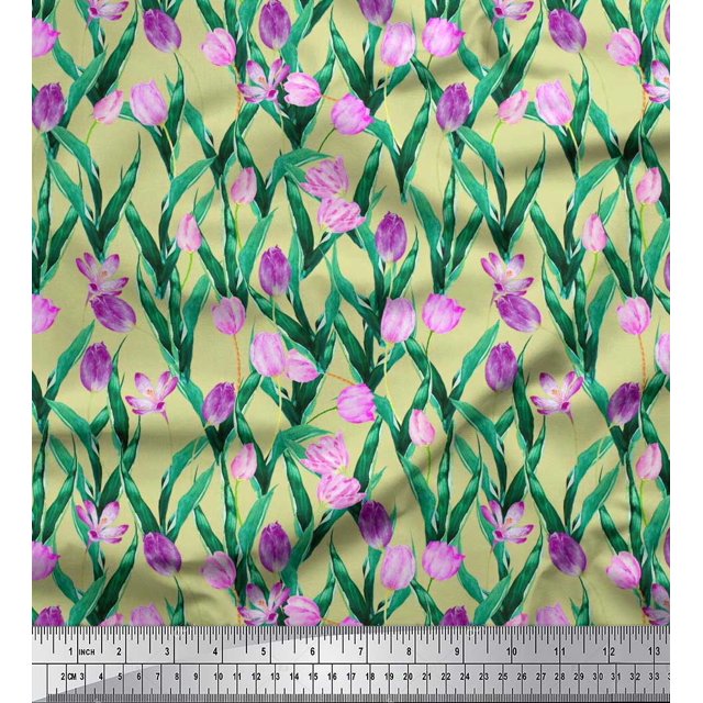 Soimoi Polyester Crepe Fabric Leaves & Tulip Floral Fabric Prints by Yard 52 Inch Wide