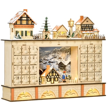HOMCOM Calendrier de l'Avent de Noël Lumineux pour Magasin, Tiroir de Compte à Rebours, Village