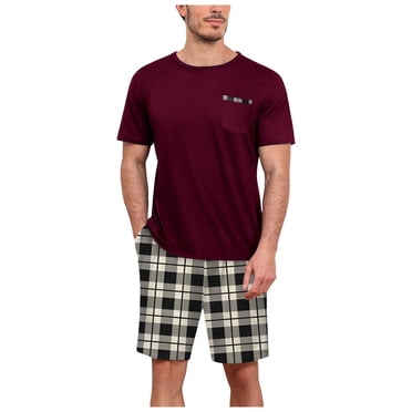 Ensemble de Pyjama pour Homme d'Été à Manches Courtes avec Shorts, Col Rond, Shorts à Carreaux à Manches Courtes, T-Shirt Deux Pièces avec Poche Poitrine, Ensemble de Vêtements de Maison, Ensembles de Pyjama pour Homme, Tenue d'Intérieur m
