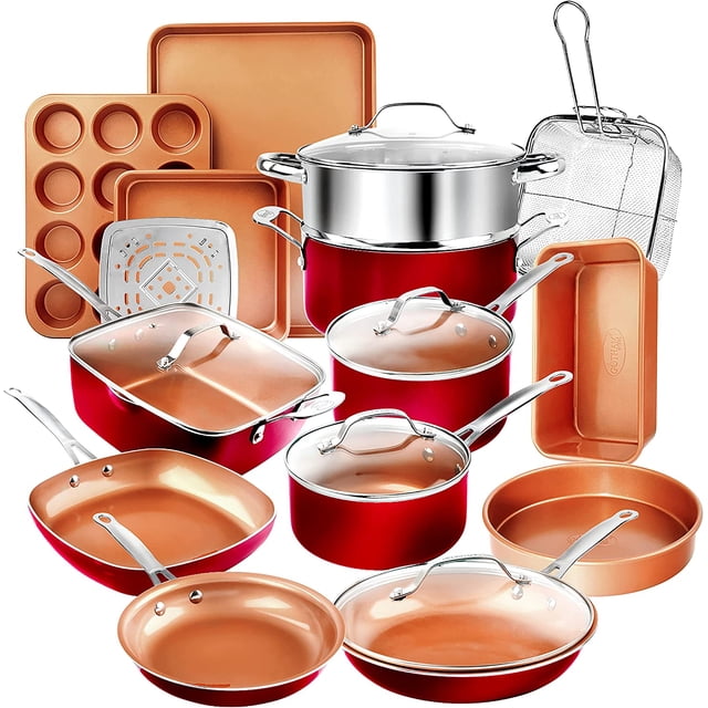 Gotham Steel Red 20 Piece Ceramic Nonstick Cookware and Bakeware Set with frying pans, saucepans, stock pot, deep pan, steamer basket, muffin tray, cookie tray, square and round bake pans, and loaf pan. Features durable aluminum construction with ultra ceramic nonstick coating for even heat distribution and healthier cooking. Dishwasher safe and oven safe up to 500°F, compatible with various stovetops including gas, electric, ceramic, and halogen.