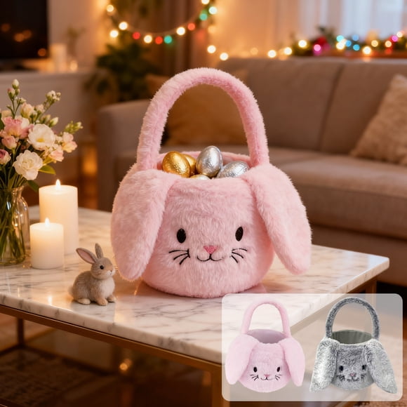 Tyidzon Easter Bunny Basket, 6 Inch Plush Treat Bags with Soft Fur, Portable Candy Gifts Bag for Childrens Easter Eggs Hunt Toy Storage, Pink