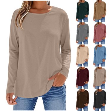 Jinhomg Hauts à Manches Longues pour Femmes Col Rond Automne Sortie Chemise Couleur Unie Tunique Mode Basique Blouse Vin,TG