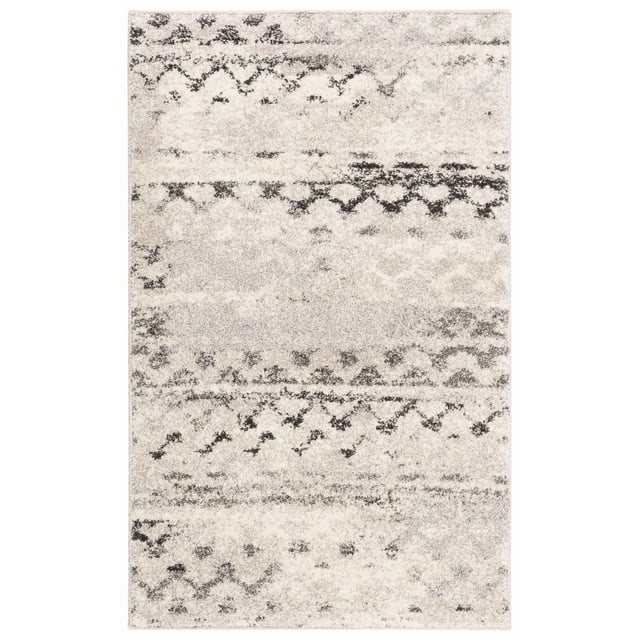 Safavieh Retro Coilean Abstract Area Rug, a rectangular low-pile polypropylene runner rug in beige and gray tones featuring mid-century modern abstract horizontal bands of geometric and organic shapes in dark gray and black. Durable and easy to maintain, it is suitable for hallways or entryways and often used to add retro style to home décor.
