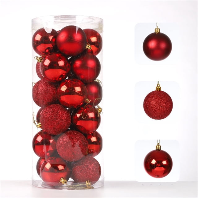 40mm Christmas Tree Ball Bauble Hanging Home Party Ornament Decor, a pack of 24 shatterproof plastic ornaments in vibrant red. Features three surface styles: shiny, matte, and glitter, ideal for lightweight decoration on Christmas trees. Perfect for holiday decor in hotels, restaurants, parties, and upscale venues.