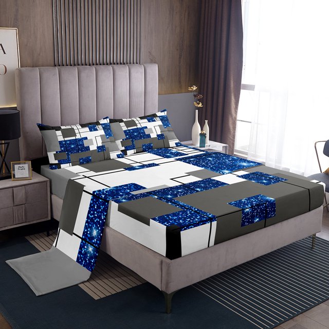 YST Boys Geometric Grids Sheet Set Twin Blue Glitter Sequins Checkered Kids Bed Sheets Black Grey Abstract Square Stripes Bedding Modern Geometry Fitted Sheet + Flat Sheet + 1 Pillow Case