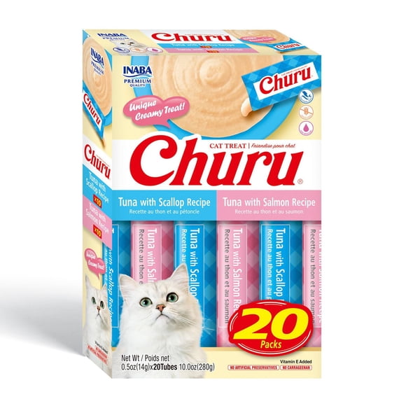 INABA Churu Cat Treats, Grain-Free Lickable Creamy Purée with Vitamin E, Tuna Variety Box, 20 Tubes