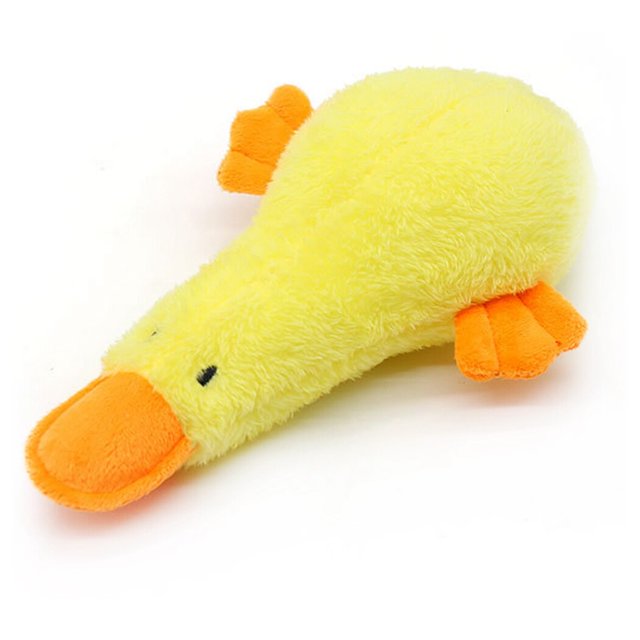 Dog Toy Plush Duck - Interactive Stuffing Soft Pet Playing Toy Puppy Squeaky Toy. A yellow plush duck-shaped dog toy with orange beak and feet, designed for interactive play and comfort. Made of soft plush material, measuring approximately 23x15cm (9.05x5.9in). Suitable for puppies and dogs to chew, fetch, and play, helping prevent furniture biting. Safe and gentle on teeth with a squeaky feature for added engagement.