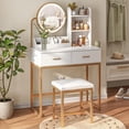 thumbnail image 3 of Vabches Ensemble de Coiffeuse avec Lumières et Miroir Rond, Table de Maquillage Moderne avec Tabouret et 2 Tiroirs, Blanc, 3 of 12