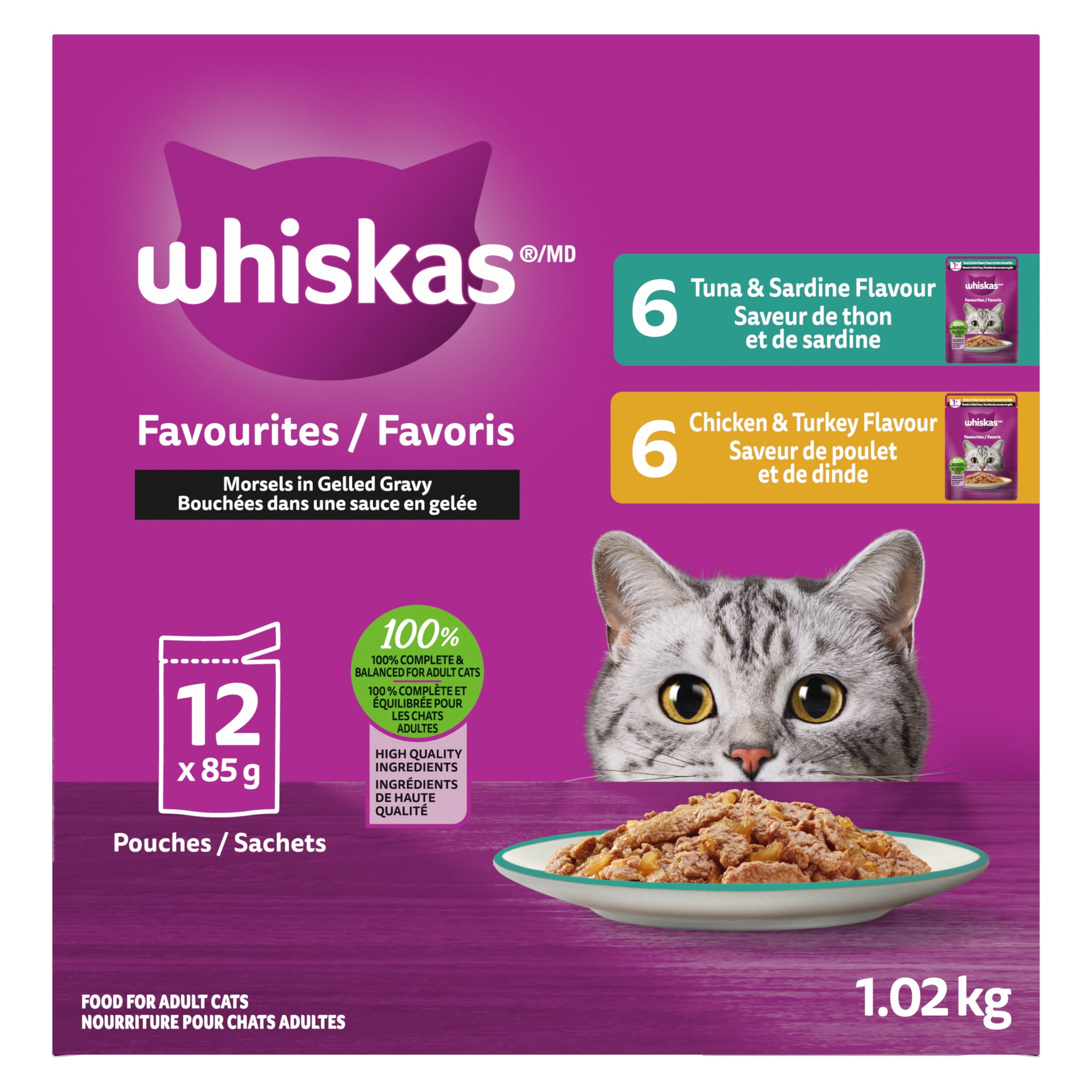 WHISKAS FAVOURITES Adult Wet Cat Food Morsels in Gelled Gravy Tuna & Sardine Flavour and Chicken & Turkey Flavour Variety Pack, (12) 85 Pouch