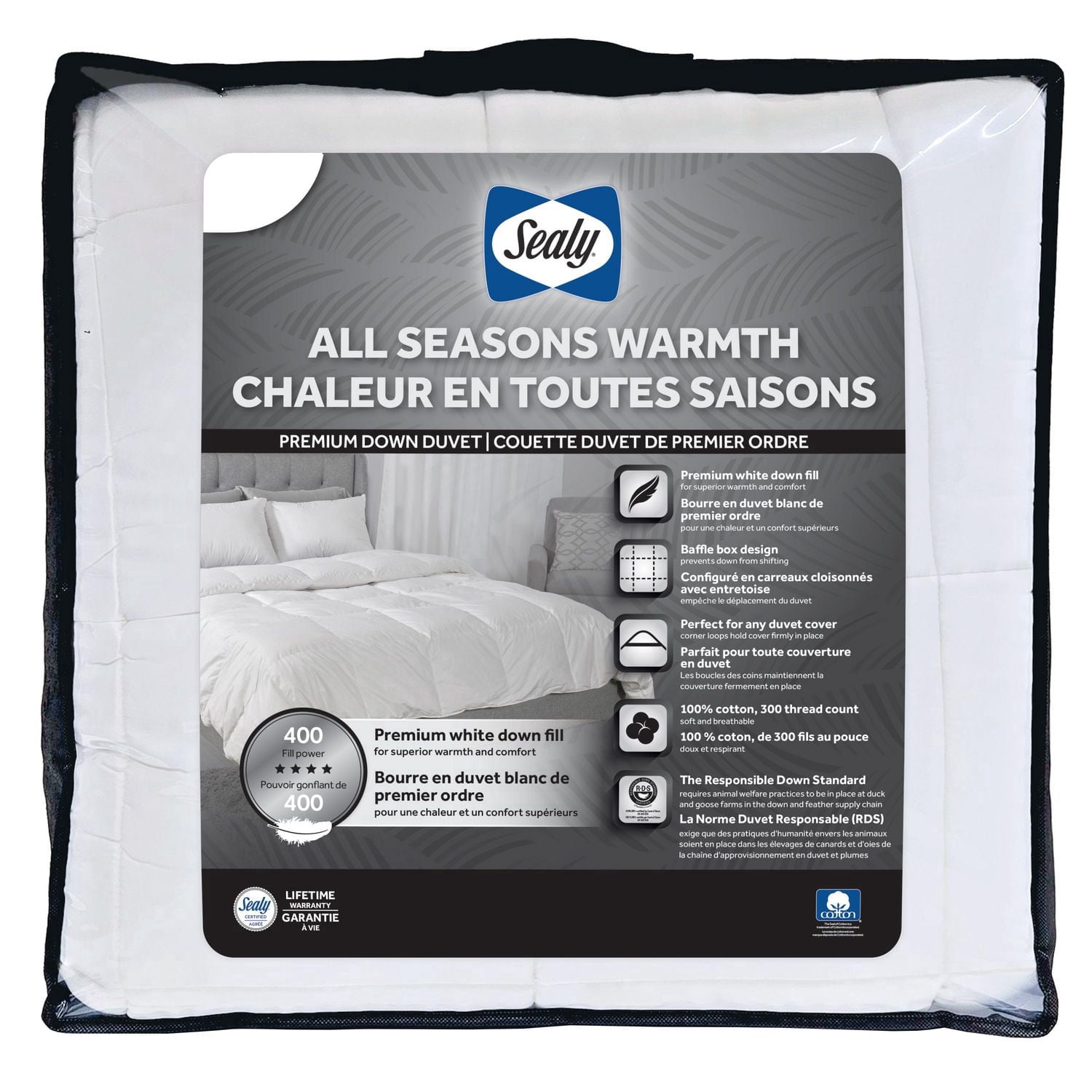 Sealy All Seasons Down Duvet, F/Q- Cotton Baffle Box Design Cover, Down Feather Fill
