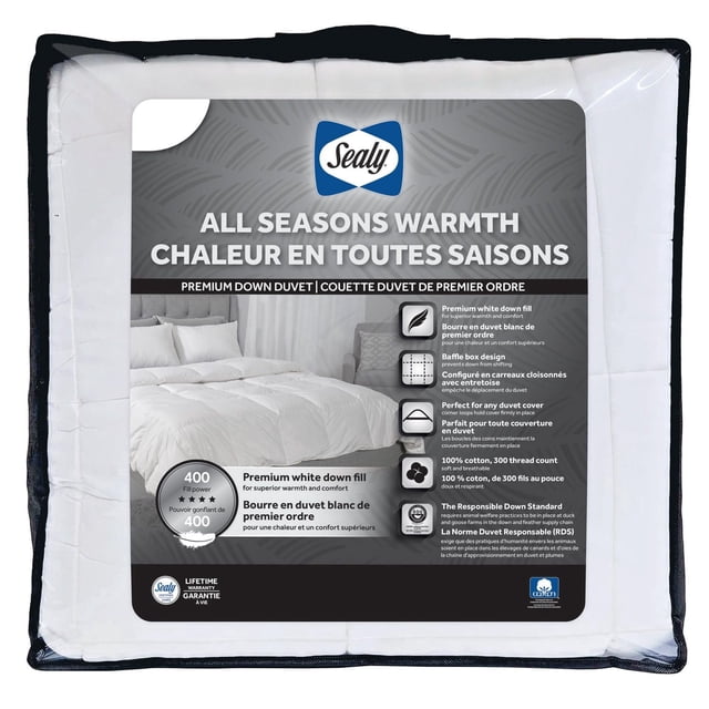 Sealy All Seasons Down Duvet, F/Q- Cotton Baffle Box Design Cover, Down Feather Fill