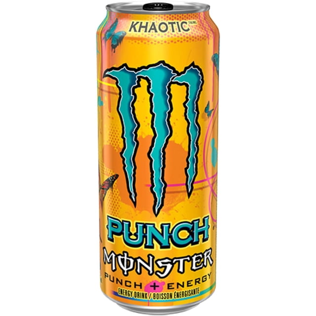 MONSTER ENERGY Khaotic Canette de 473 ml avec Fond orange Vif et Jaune, Présentant un Grand logo Griffe turquoise, un Texte Bleu Punch MONSTER et des Graphiques de Papillon tropical, une Boisson Énergisante avec 160 Mg de Caféine et une Saveur Torsadée d'Orange Tropicale.