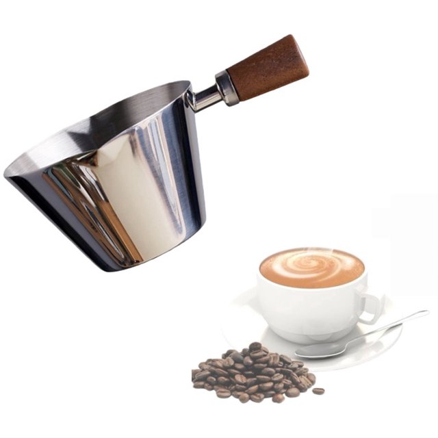 Espresso Cups with Wooden Handle - 90 mL - Double Spout Coffee Cup with Bowl - V-shaped Mouth - Stainless Steel Espresso Glasses - For Coffee, Milk, Juice