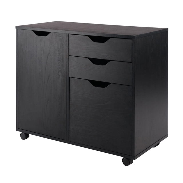 Halifax black cabinet & drawers with a contemporary black finish, featuring two upper drawers and one lower filing drawer with removable metal rods and cut-out handles, mounted on four caster wheels for easy mobility, made of composite wood with a smooth texture, suitable for home office or bedroom storage.