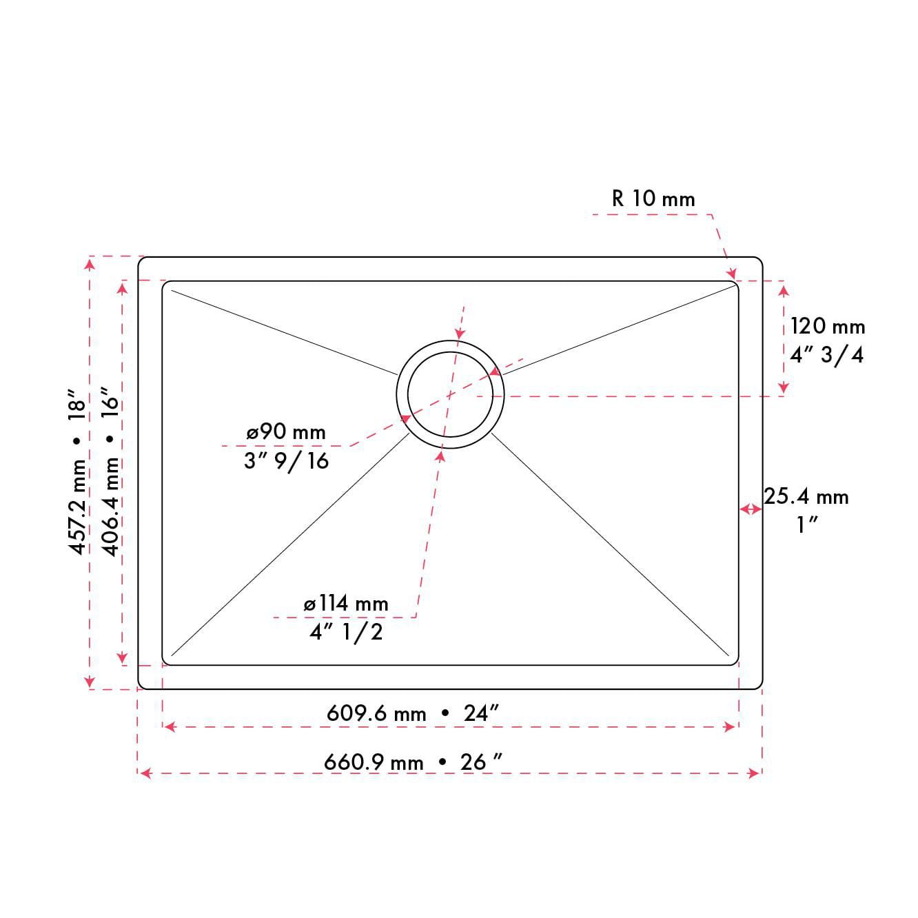 The akuaplus Single Undermount stainless steel Kitchen Sink - 26 in x 18 in