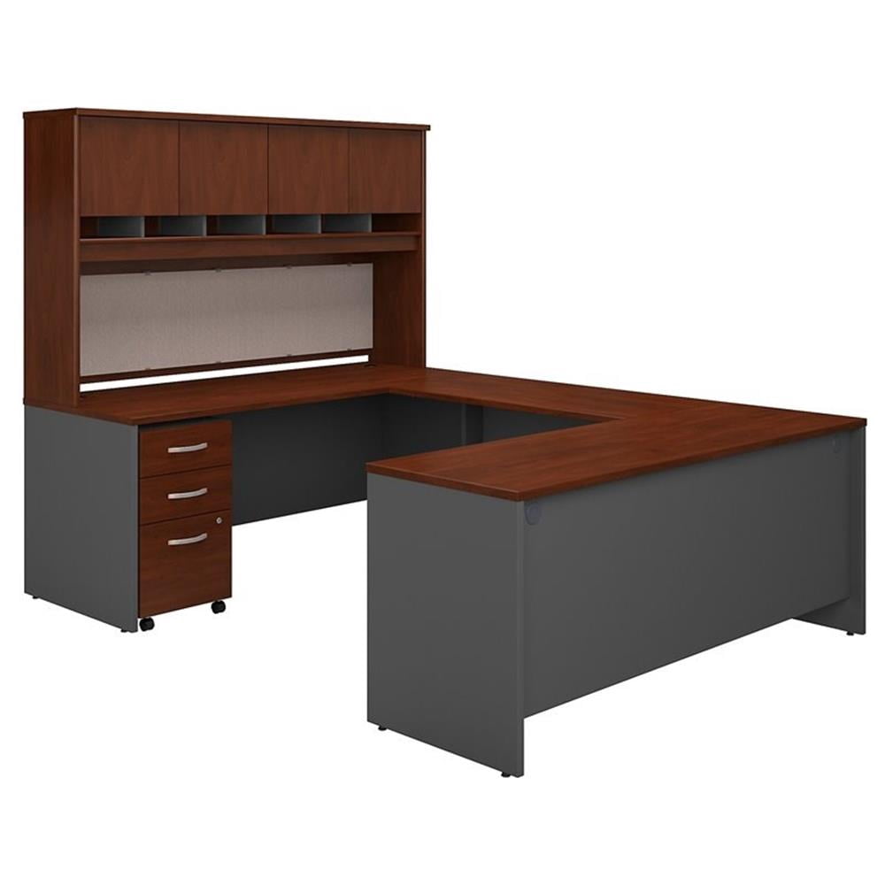 Pemberly Row Bureau en U de 72 Pouces L avec Huche et Rangement, Cerisier Hansen