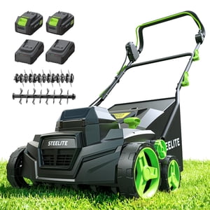 Steelite 2x21V 15-Inch Dethatcher sans fil et Scarifier avec moteur sans brosse, 2-in-1 Batterie alimentée Dethatcher avec sac de collection amovible 11,9-Gallon et 2 x 4.0 Ah Batteries