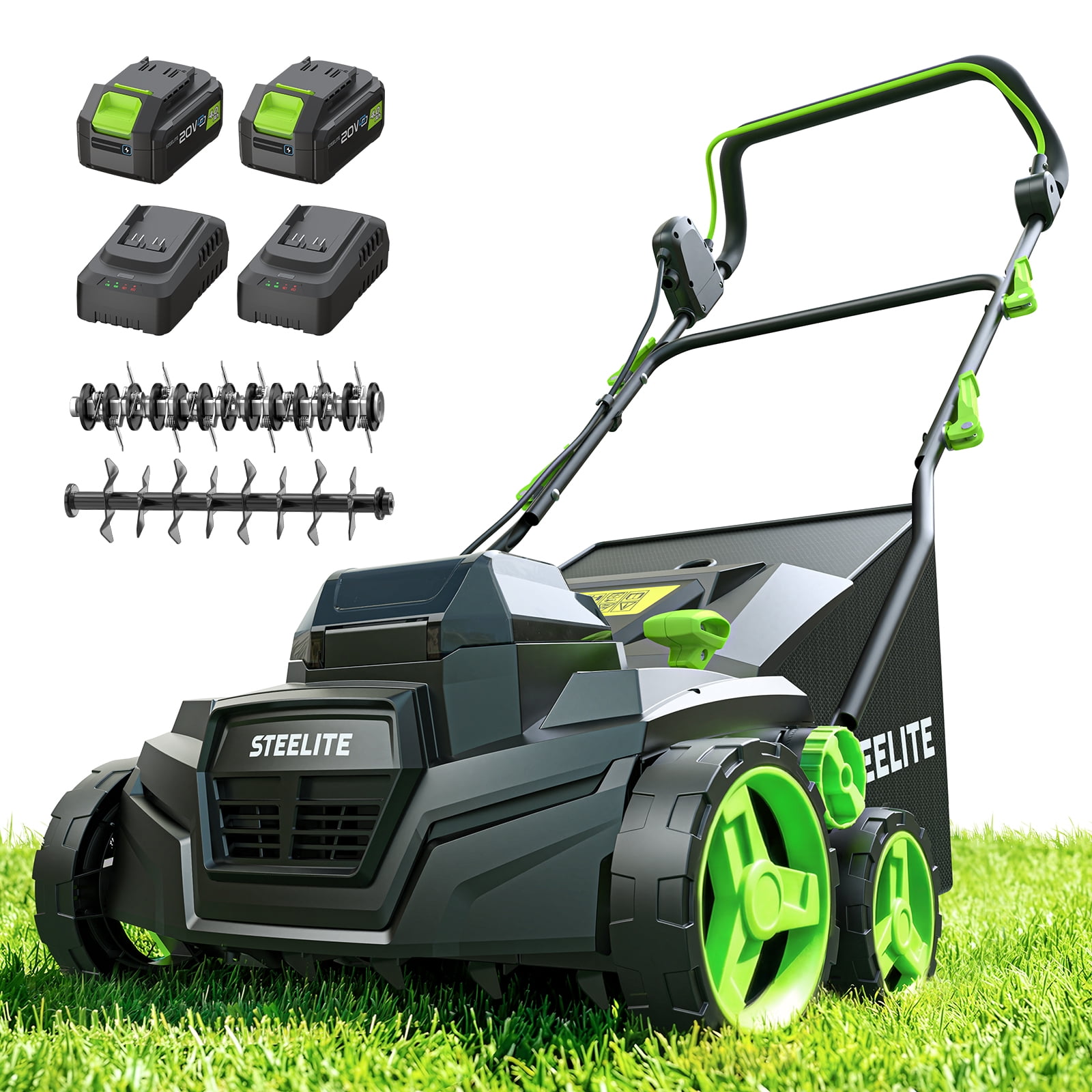 steelite 2x21v 15-inch cordless dethatcher and scarifier with brushless motor, 2-in-1 battery powered dethatcher with removable 11.9-gallon collection