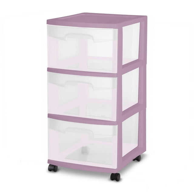 Sterilite 3 Drawer Cart in purple with three see-through drawers, ergonomic handles, and four casters for rolling storage, measuring 14 1/2 by 12 5/8 by 24 inches, ideal for organizing office, bedroom, or bathroom items and suitable for craft or hobby supplies.