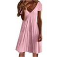 thumbnail image 2 of Meichang Mini Robes d'Été pour Femmes 2024 Tendance Robe de Couleur Unie Tunique Ajustée Col en V Robes d'Été Décontractées Élastique à Manches Courtes Robe de Plage, 2 of 5