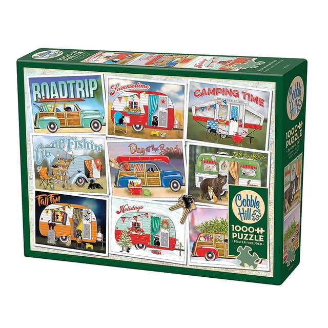 Cobble Hill Jigsaw Puzzle - Hitting the Road, 1000 Piece Puzzle. The box displays a vibrant collage of retro travel scenes, including vintage cars, campers, and outdoor activities like fishing, camping, and beach outings. Manufactured in North America, this puzzle features random-cut pieces, glare-reducing linen paper, and eco-friendly materials. Assembled dimensions are 19.25 x 26.625 inches, with a box size of 10 x 14 x 2.38 inches. A 9 x 12-inch poster is included for assembly guidance.