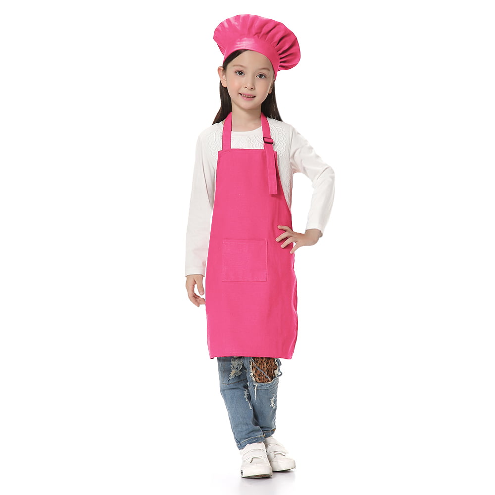 TOPTIE Kids Apron and Chef Hat Set, Adjustable Cotton Child Cooking Kitchen Apron, S-XXL-Hot Pink-XL