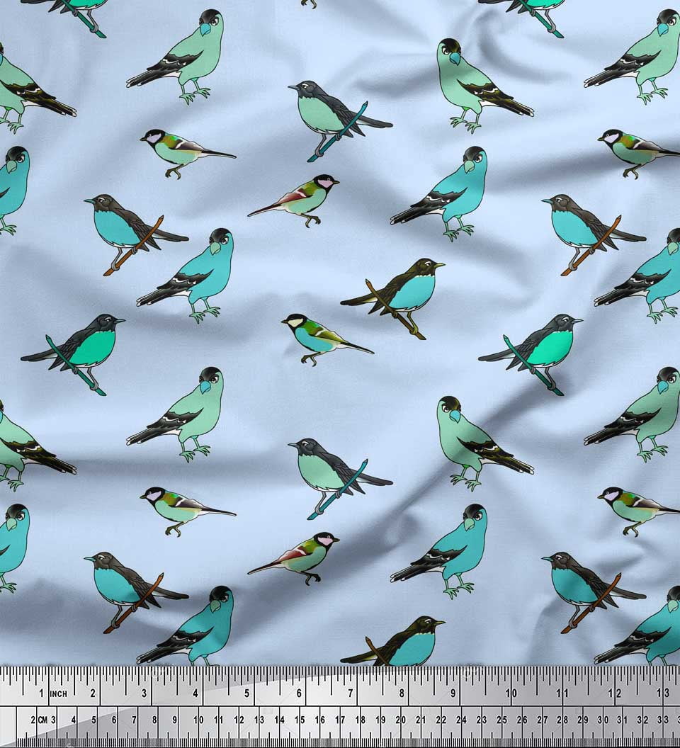 Soimoi Blue Silk Fabric Artistic Bird Decor Fabric Printed Yard 44 Inch Wide