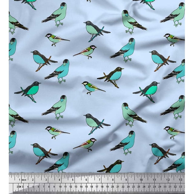 Soimoi Blue Poly Georgette Fabric Artistic Bird Print Sewing Fabric Yard 52 Inch Wide