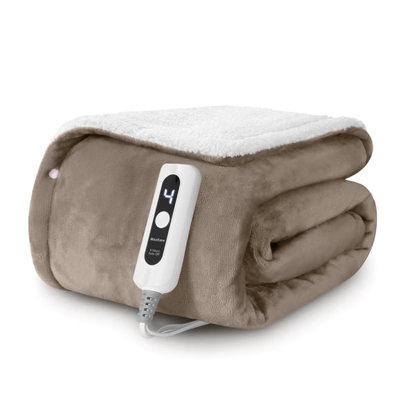 MARNUR 50" x 60" Electric Throw Blanket with 6 Heating Levels & 4H Auto-off, Machine Washable, Linen & White