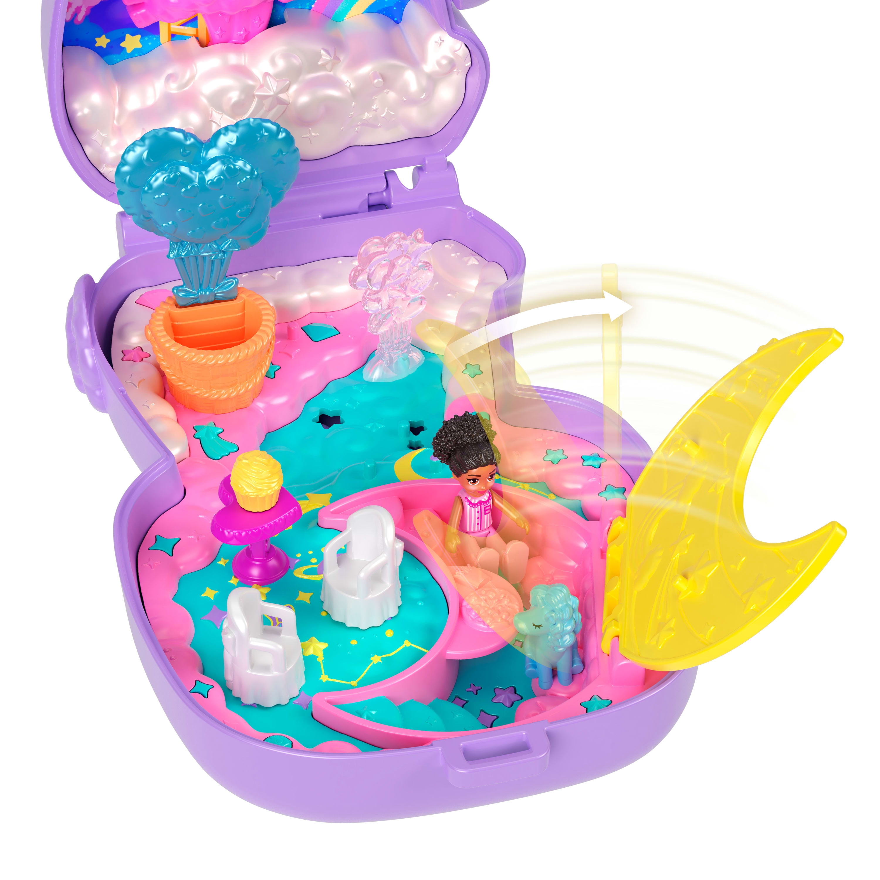 Polly Pocket Cozy Dreamland Lamb Compact Playset with 1 Micro Doll and Pet Unicorn, Travel Toy with Food & Styling Accessories