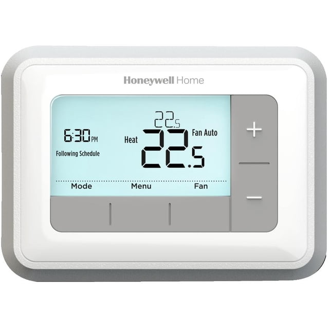 Honeywell programmable thermostat with 5-1-1 day scheduling, featuring an extra-large backlit display showing the current room temperature of 22.5°C and set point temperature simultaneously. Includes buttons for mode, menu, fan, and temperature adjustment, with smart response learning for optimized heating and cooling cycles.