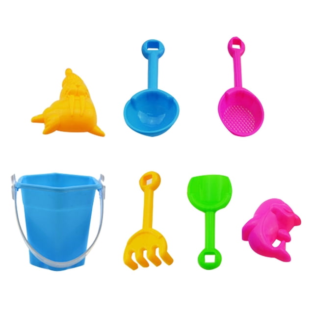 7 Piece Beach Toy Sand Set Sand Play Sandpit Toy Summer Outdoor Toy featuring a blue bucket, yellow rake, green shovel, pink sifter, blue scoop, and two animal-shaped molds in yellow and pink. Made of durable ABS plastic with smooth edges for safety. Suitable for use at the beach, garden, sandpit, swimming pool, or indoors as a bath toy.