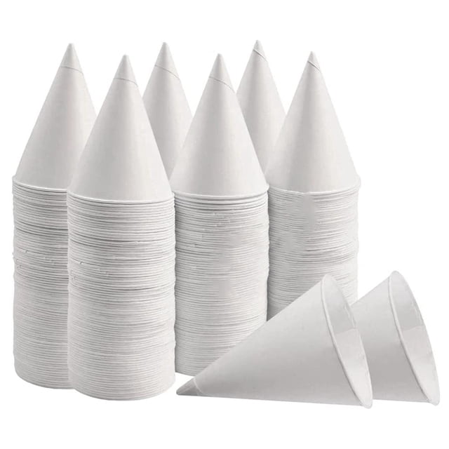White paper cone cups, snow cone cups, and coated leakproof cone paper cups for slush, shaved ice, and water. The image shows a set of 200 disposable white paper cone cups stacked in multiple piles. Each cup has a 6-ounce capacity and is made of thickened food-grade material with a coated interior to prevent leaks. Ideal for smoothies, shaved ice, and water, these cups are perfect for pool parties, summer family gatherings, and DIY activities with kids.
