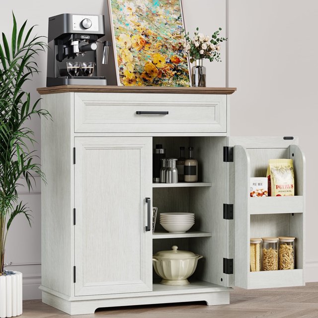FAGAGA Armoire de Bar à Café Moderne avec Rangement, Buffet de Cuisine 36 Pouces avec Porte de Rangement, Buffet en Bois Style Ferme avec Tiroir pour Cuisine, Salle à Manger, Salle de Réception / Blanc