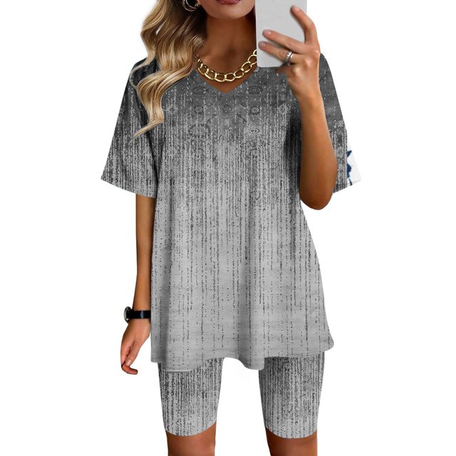 Ensembles de Gym pour Femmes 2 Pcs Mode pour Femmes Blouse à Col en V Manches Courtes Hauts Shorts Ensemble Décontracté Ensembles Deux Pièces en Liquidation