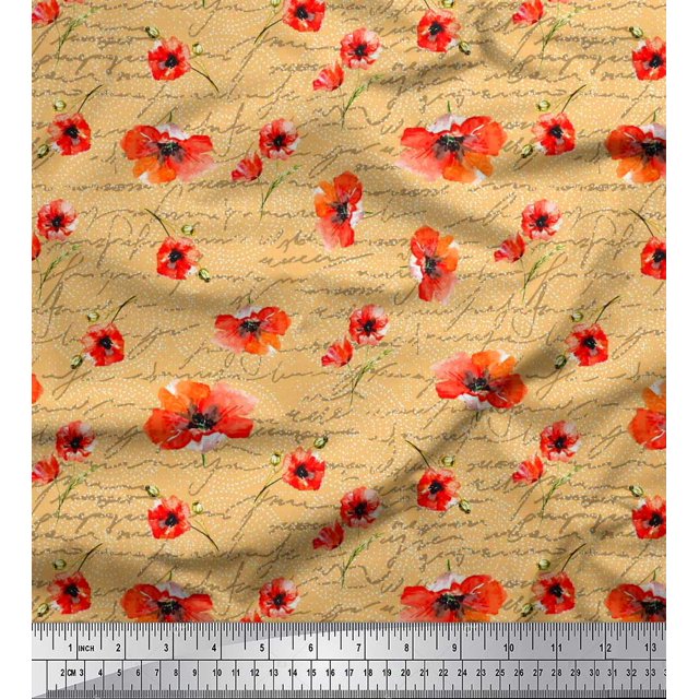 Soimoi Orange Rayon Fabric Text & Poppy Floral Decor Fabric Printed Yard 42 Inch Wide