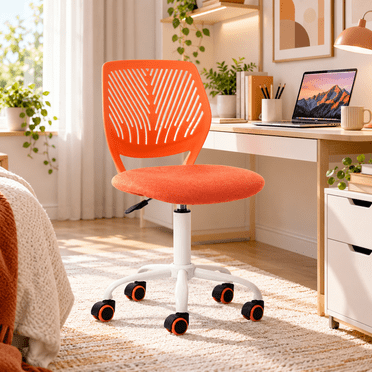 Homy Casa Chaise de bureau réglable avec assise rembourrée orange, dossier ajouré et base blanche à roulettes